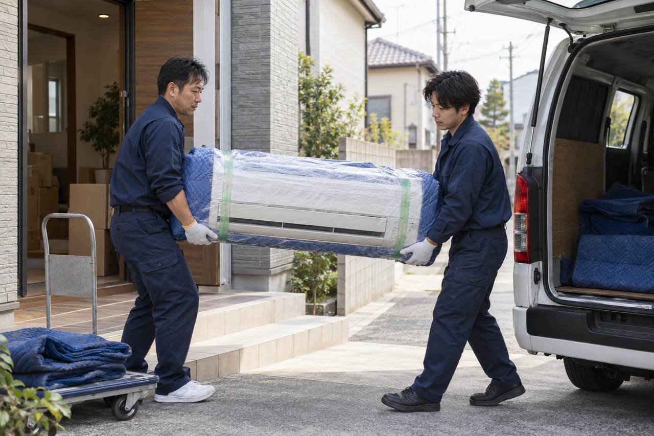 東大阪市で養生したエアコンを移設先へ運搬する作業スタッフ