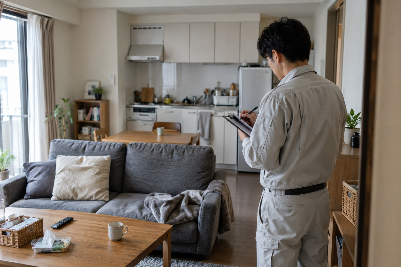 部屋清掃・消臭前に室内を確認するスタッフ