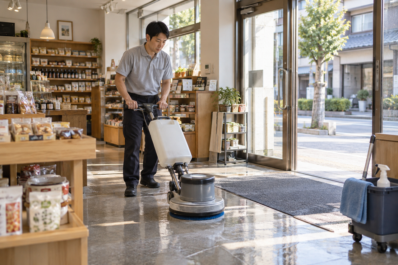 店舗・事業所で床清掃を行うスタッフ