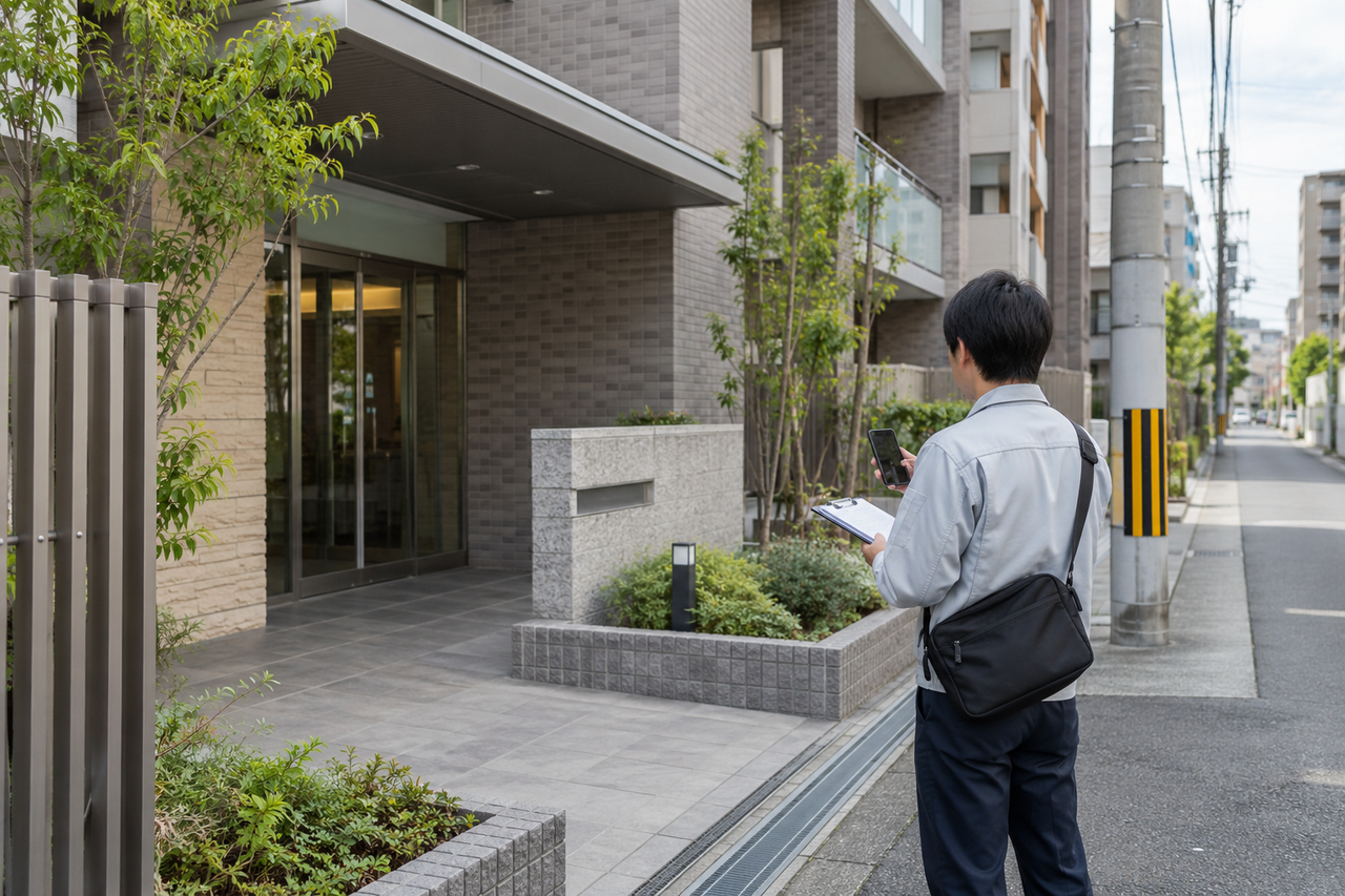 東大阪市のマンション入口と周辺状況を現地確認するスタッフ