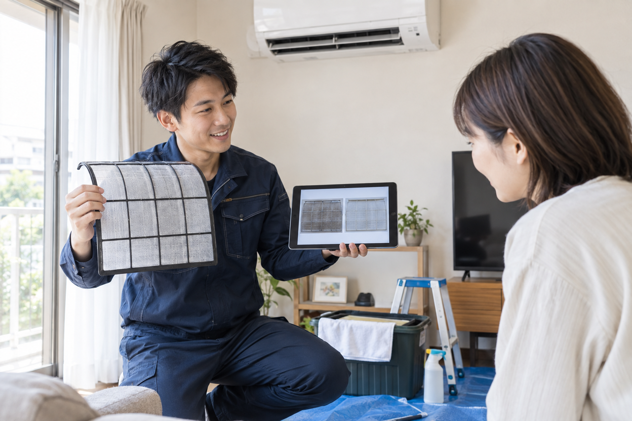 東大阪市でエアコンクリーニング後の状態と注意点を説明する作業スタッフ
