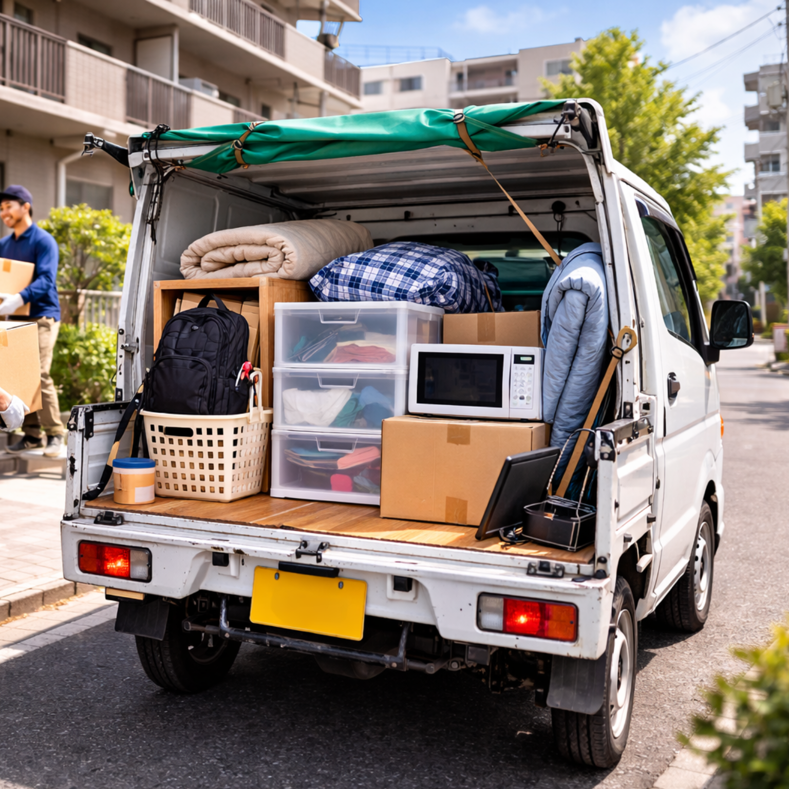 高槻市から茨木市への女性単身引越しを軽トラックで対応し階段作業と荷物運搬を行うスタッフの様子