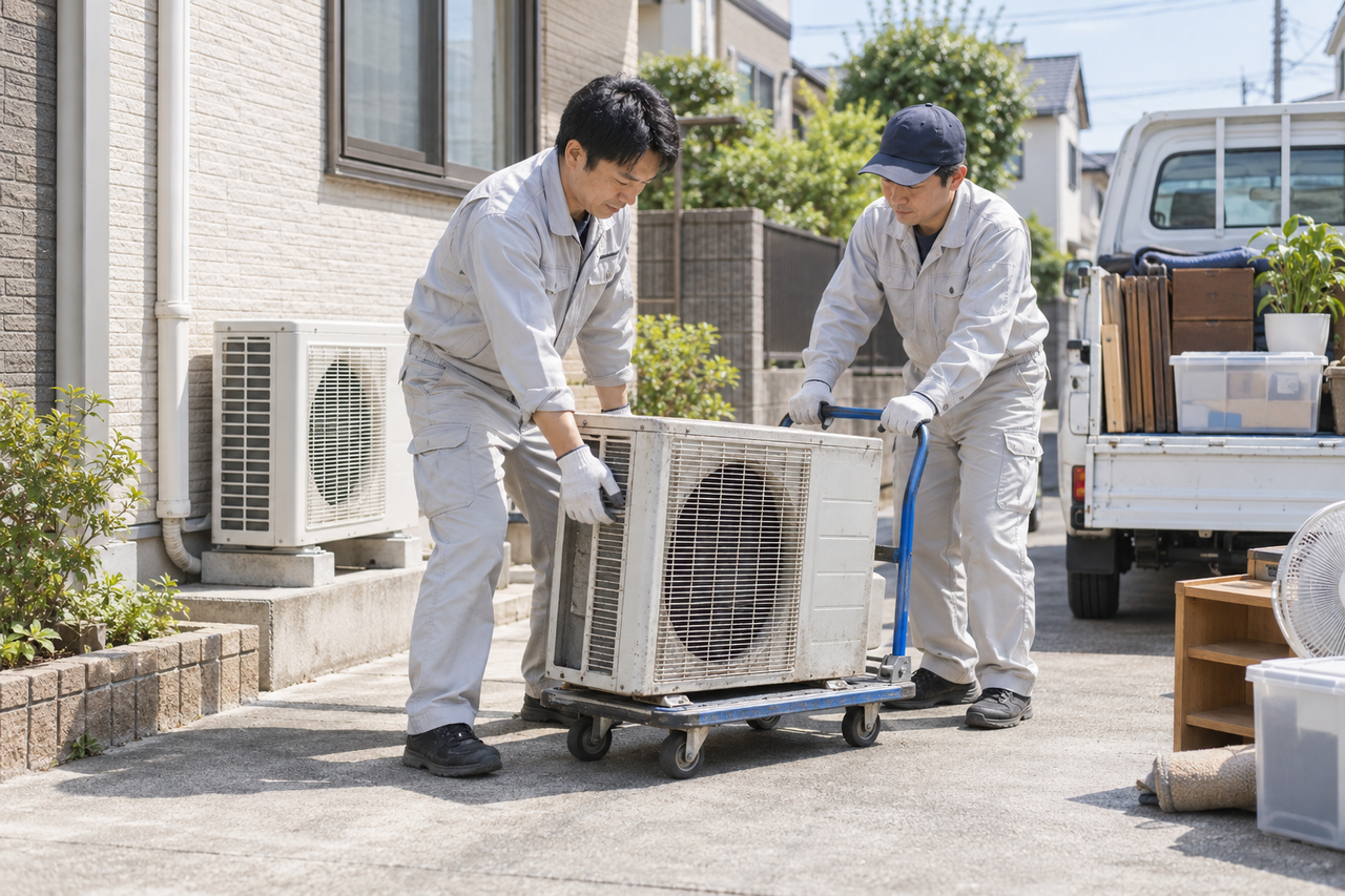 東大阪市で古いエアコン室外機を安全に回収する作業スタッフ