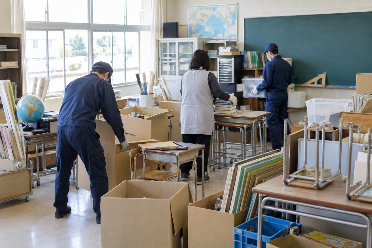 東大阪市の学校・施設で備品と大量ゴミを分別する作業