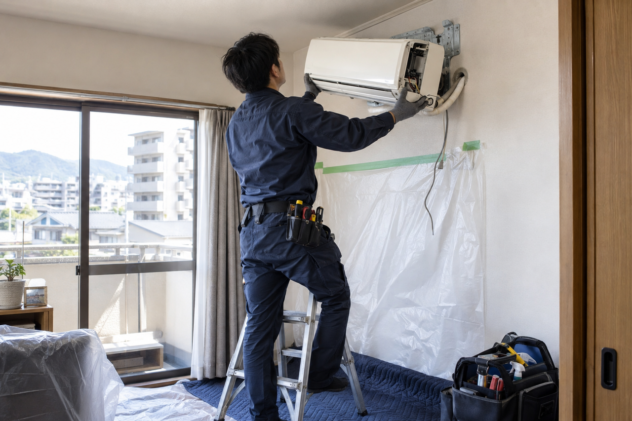 東大阪市の集合住宅で壁掛けエアコンを安全に取り外す作業スタッフ