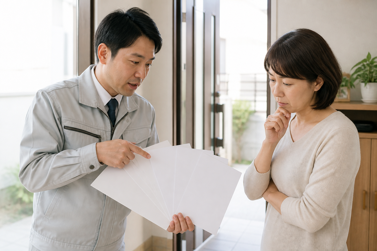 害虫駆除で複数の追加サービスを提案され内容を確認する様子