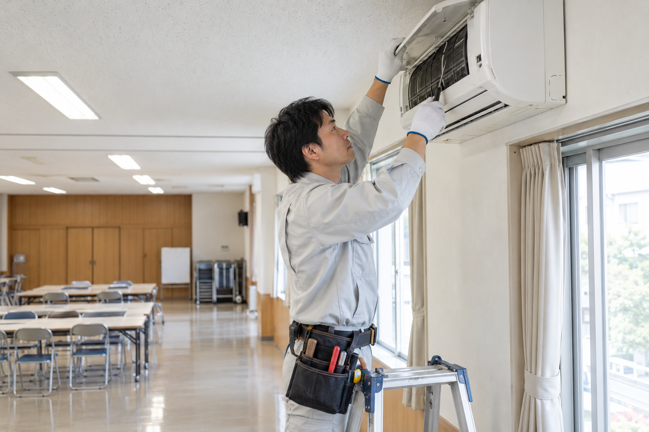 東大阪市の公共施設で壁掛けエアコンを点検する作業スタッフ