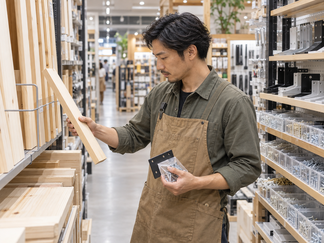 東大阪市のDIY代行で木材と金具を選ぶ作業スタッフ