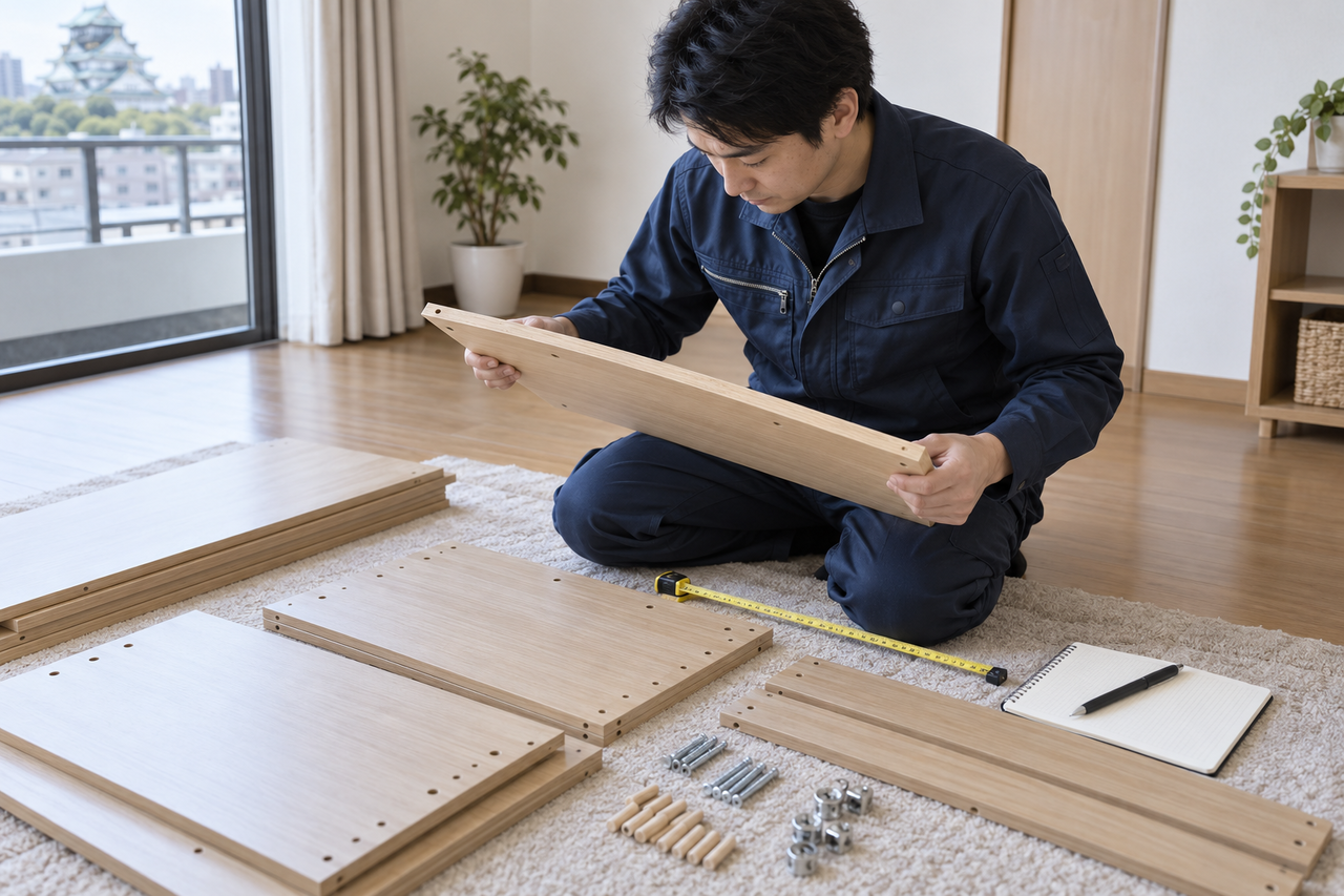 東大阪市で説明書のない家具の部品と寸法を確認するスタッフ