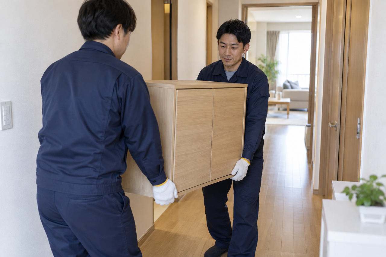 東大阪市で組み立て済み家具を安全に運搬・設置するスタッフ