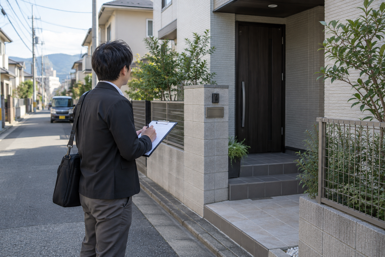 東大阪市の住宅外観を確認して記録する調査スタッフ