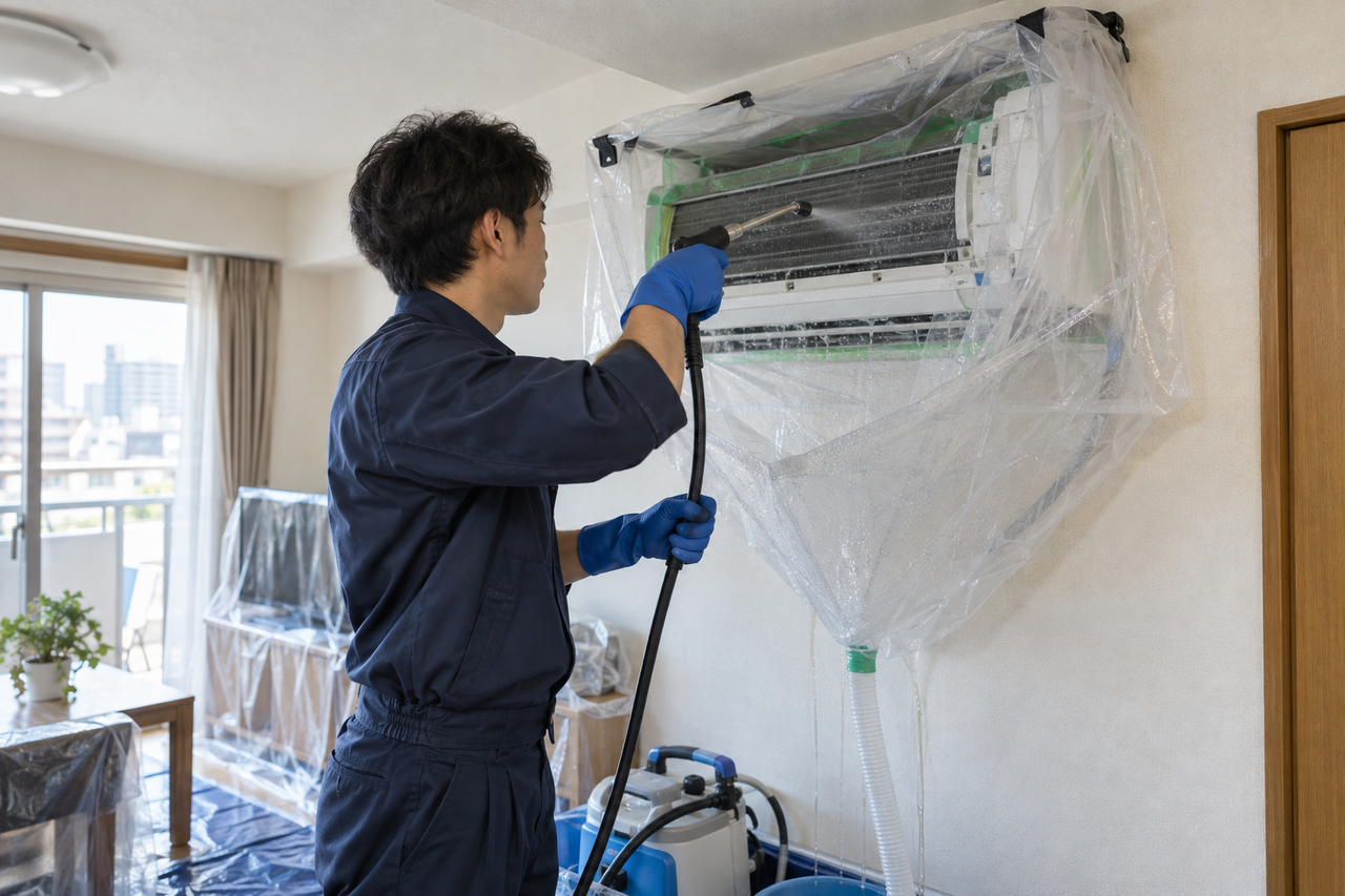 東大阪市の住宅で洗浄カバーを使ってエアコン内部を清掃する作業スタッフ