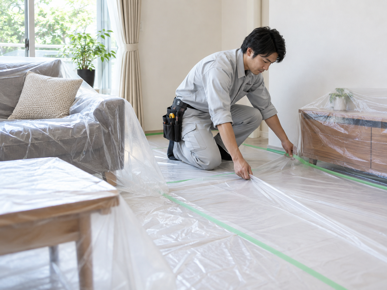 DIY作業前の床と家具の養生