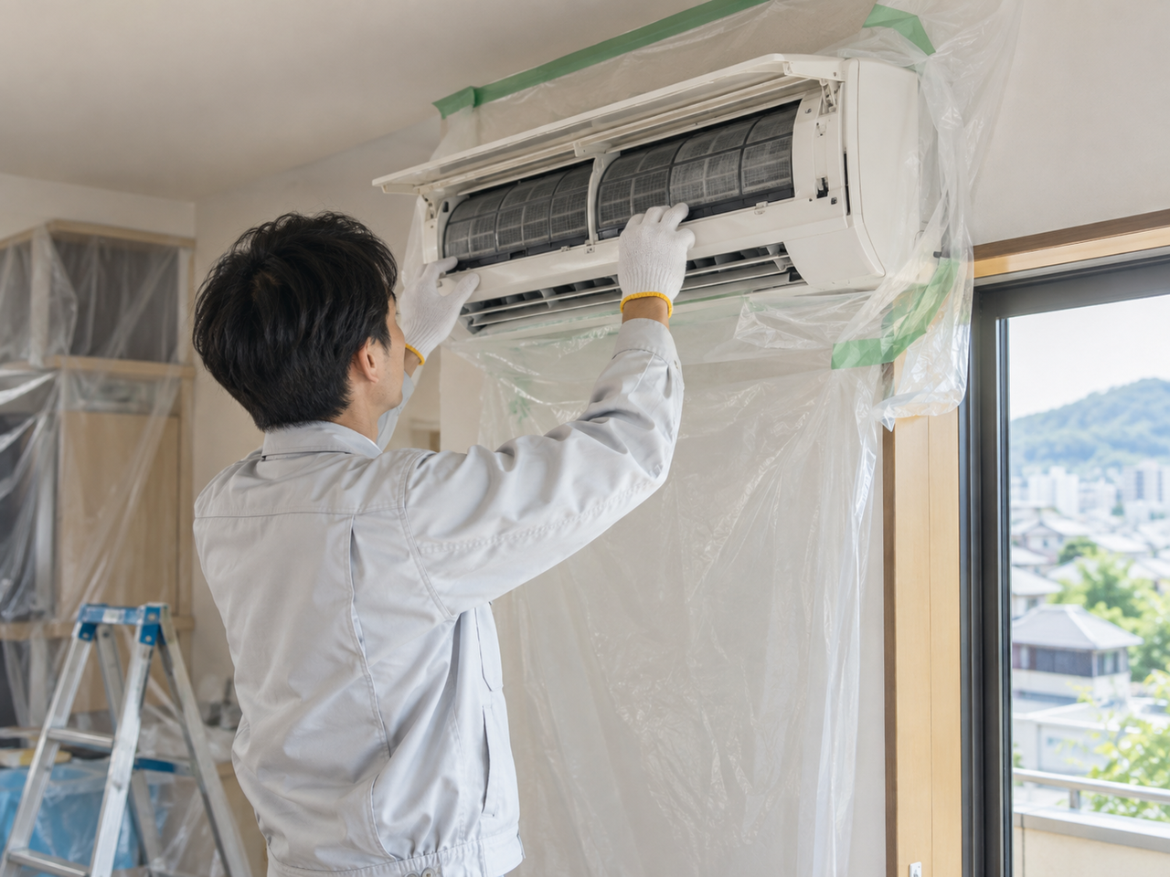 東大阪市の住宅でエアコンを点検する作業イメージ