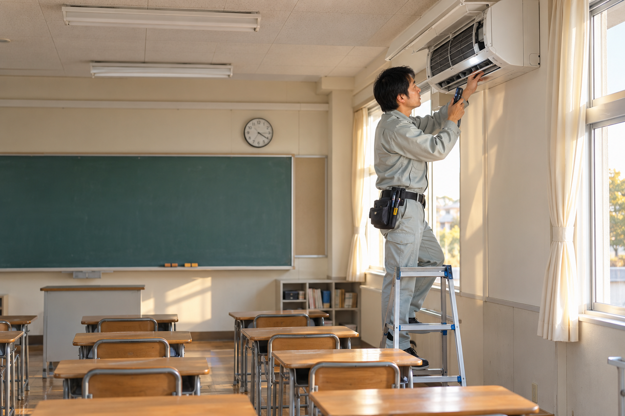 東大阪市の学校施設で教室のエアコンを点検する作業スタッフ