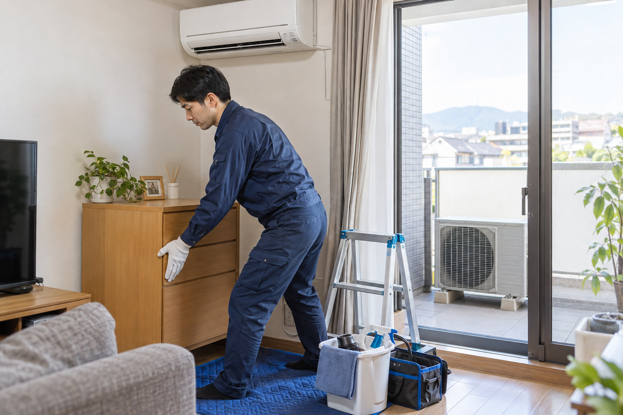 東大阪市でエアコン作業と家具移動や室外機まわりの清掃をまとめて行うスタッフ