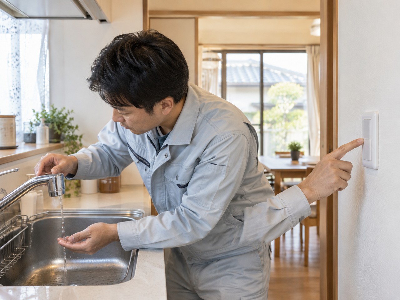 東大阪市の住宅で水栓と電気設備を確認する作業イメージ