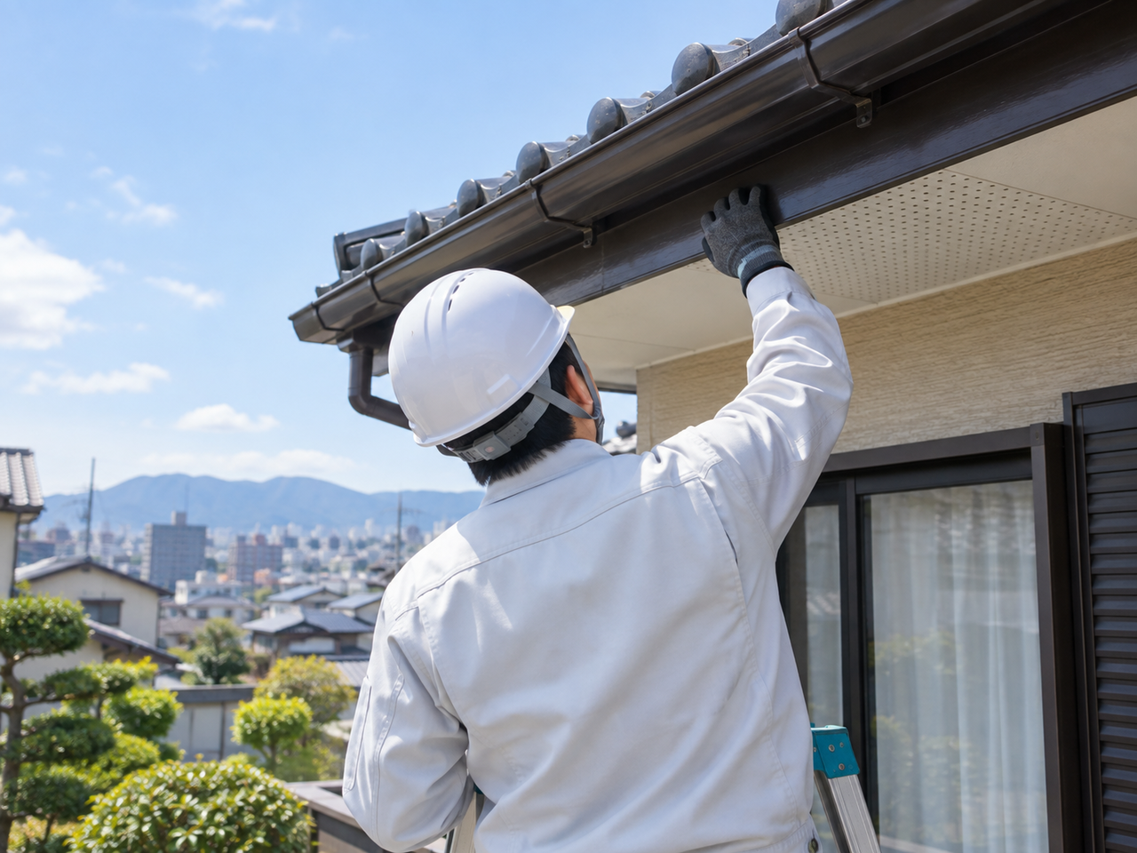 東大阪市の戸建てで雨どいと屋根まわりを点検するイメージ