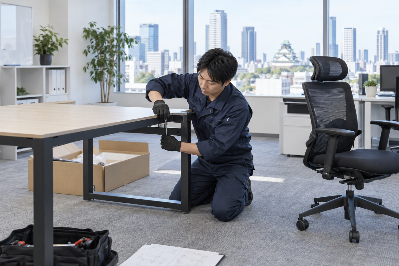 事業所でオフィスデスクを組み立てる作業イメージ