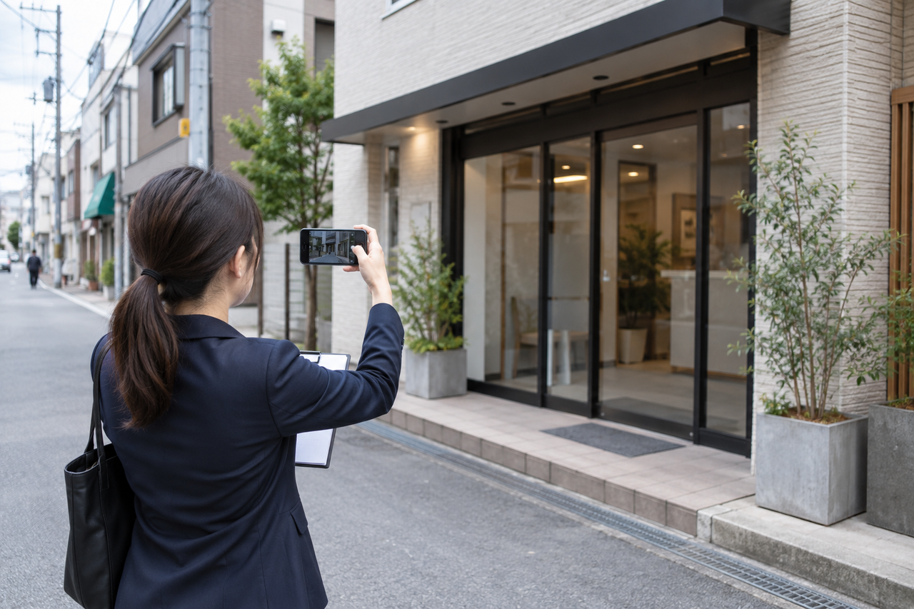 東大阪市の店舗・事業所を写真で現地確認するスタッフ