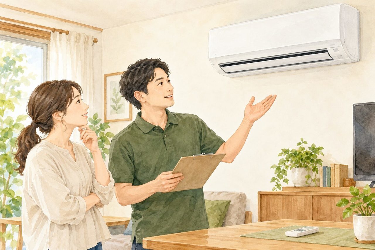 エアコンの設置状況と希望する作業を確認する相談のイラスト