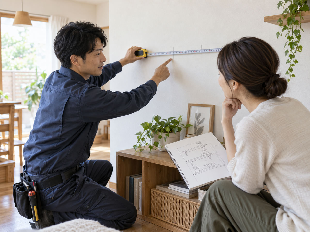 東大阪市でDIY棚製作の採寸と相談を行う様子