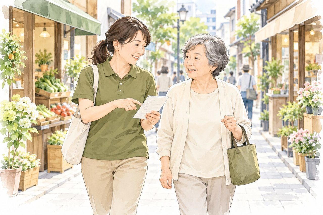 買物や外出に一緒に出かける同行のお手伝いのイラスト