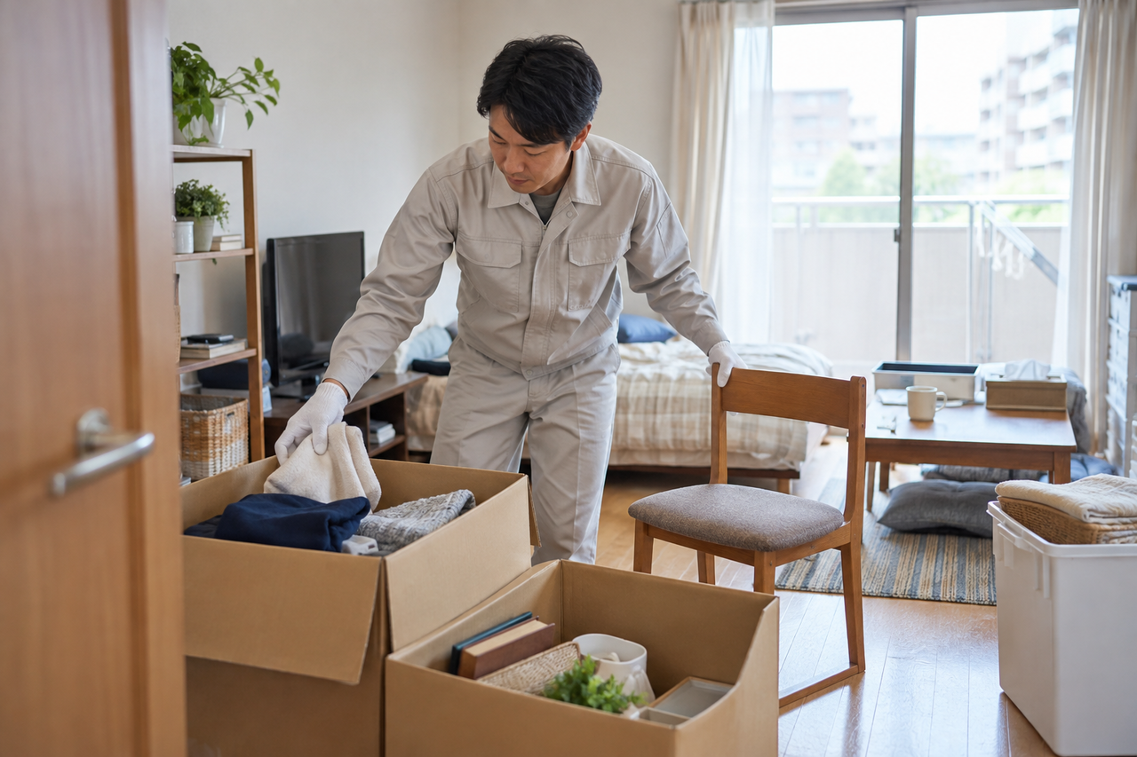 清掃前の片付けと家具移動を行うスタッフ