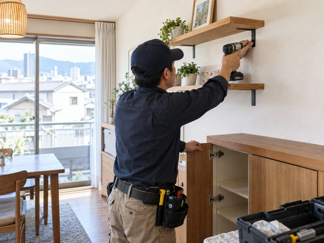 東大阪市の住宅で棚と家具を取り付ける作業イメージ