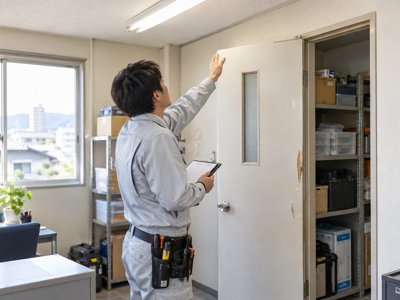 東大阪市の事業所で建具と設備を点検するイメージ