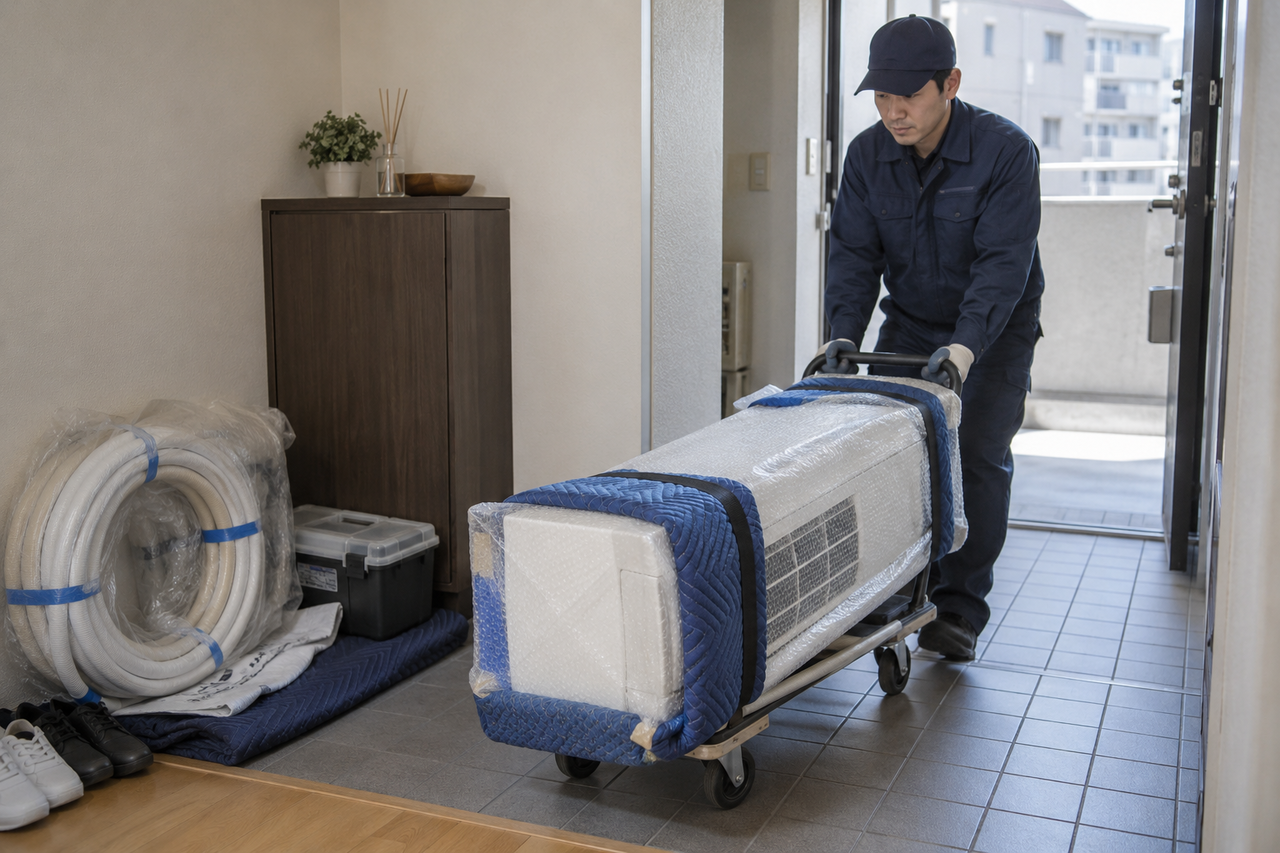 東大阪市で取り外したエアコンを養生して移設先へ運ぶ作業スタッフ