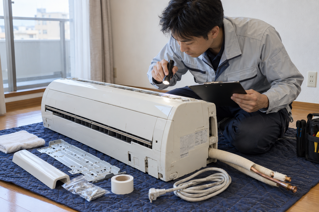 東大阪市で中古エアコンの本体や配管と電源の状態を確認する作業スタッフ
