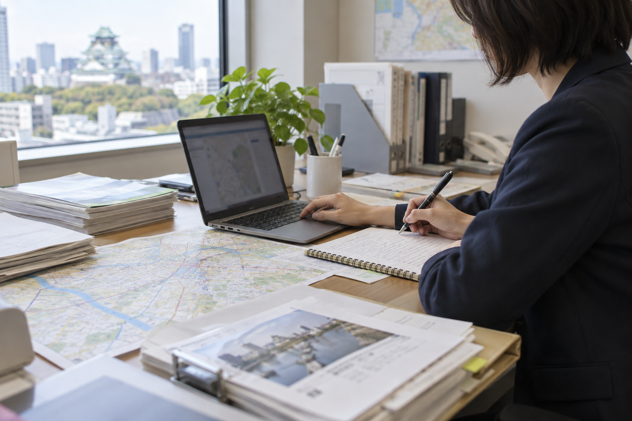 東大阪市の公開情報を地図と資料で調査するスタッフ
