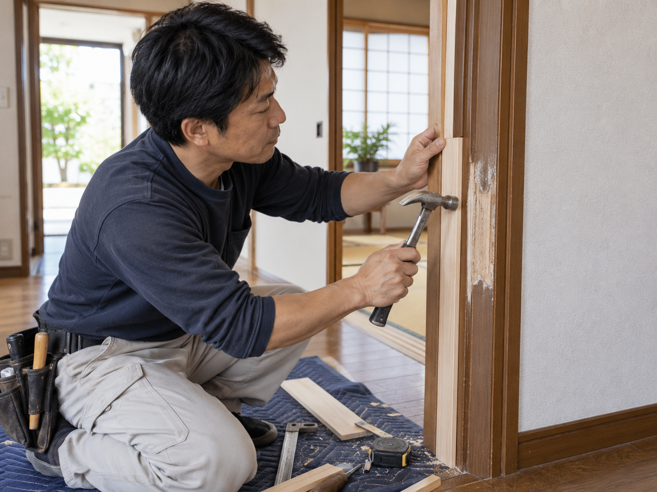 室内建具と枠の修繕作業