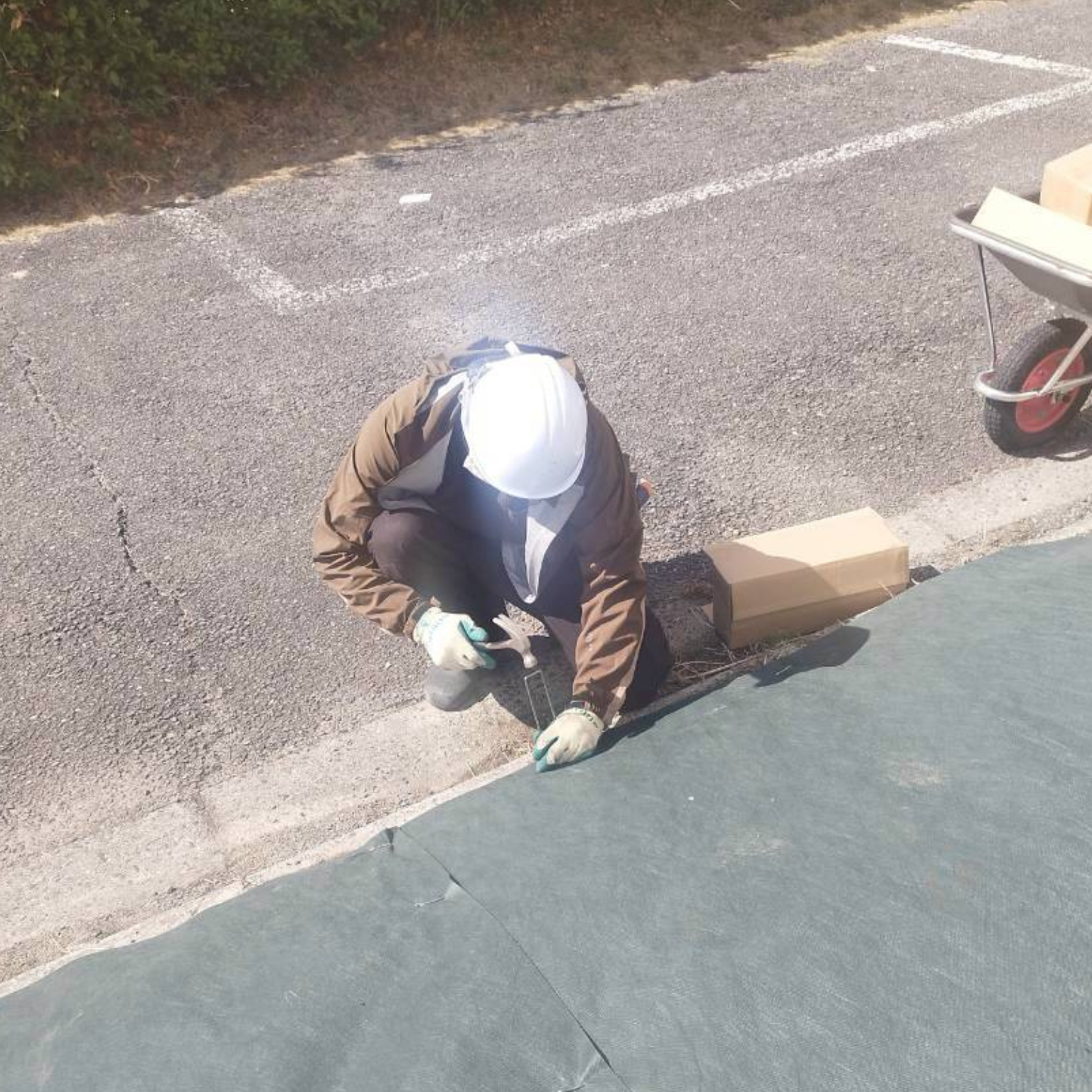 八尾市で1600㎡の防草シート施工を行いピン固定作業をしている様子