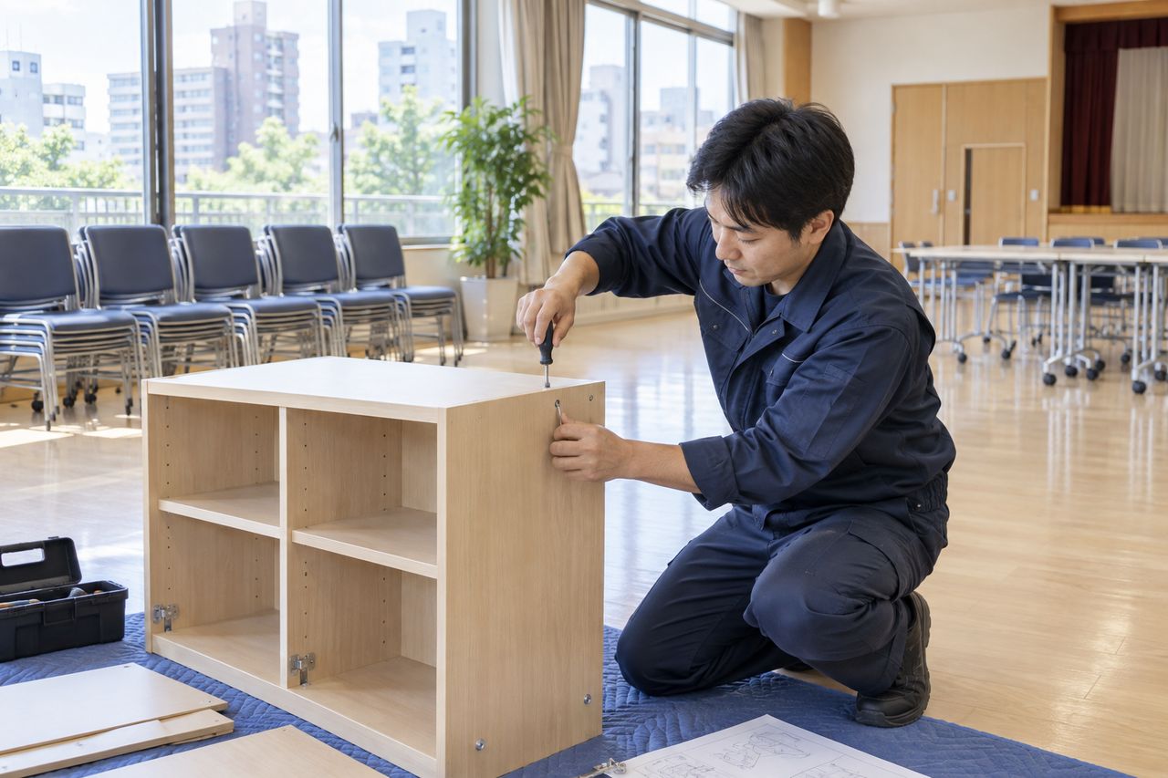 東大阪市の公共施設で収納家具を組み立てるスタッフ