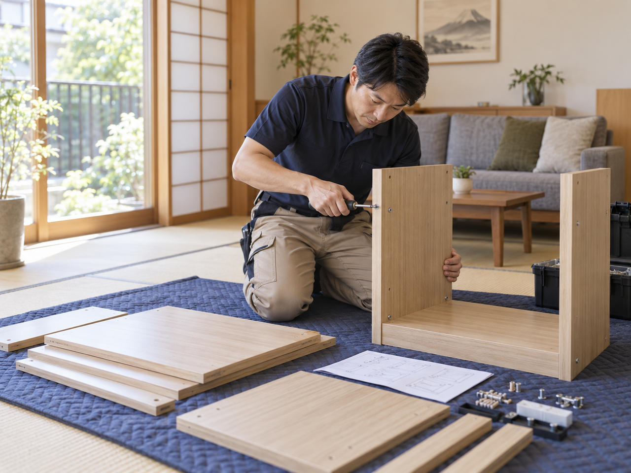 東大阪市の住宅で組立家具を丁寧に組み立てる作業
