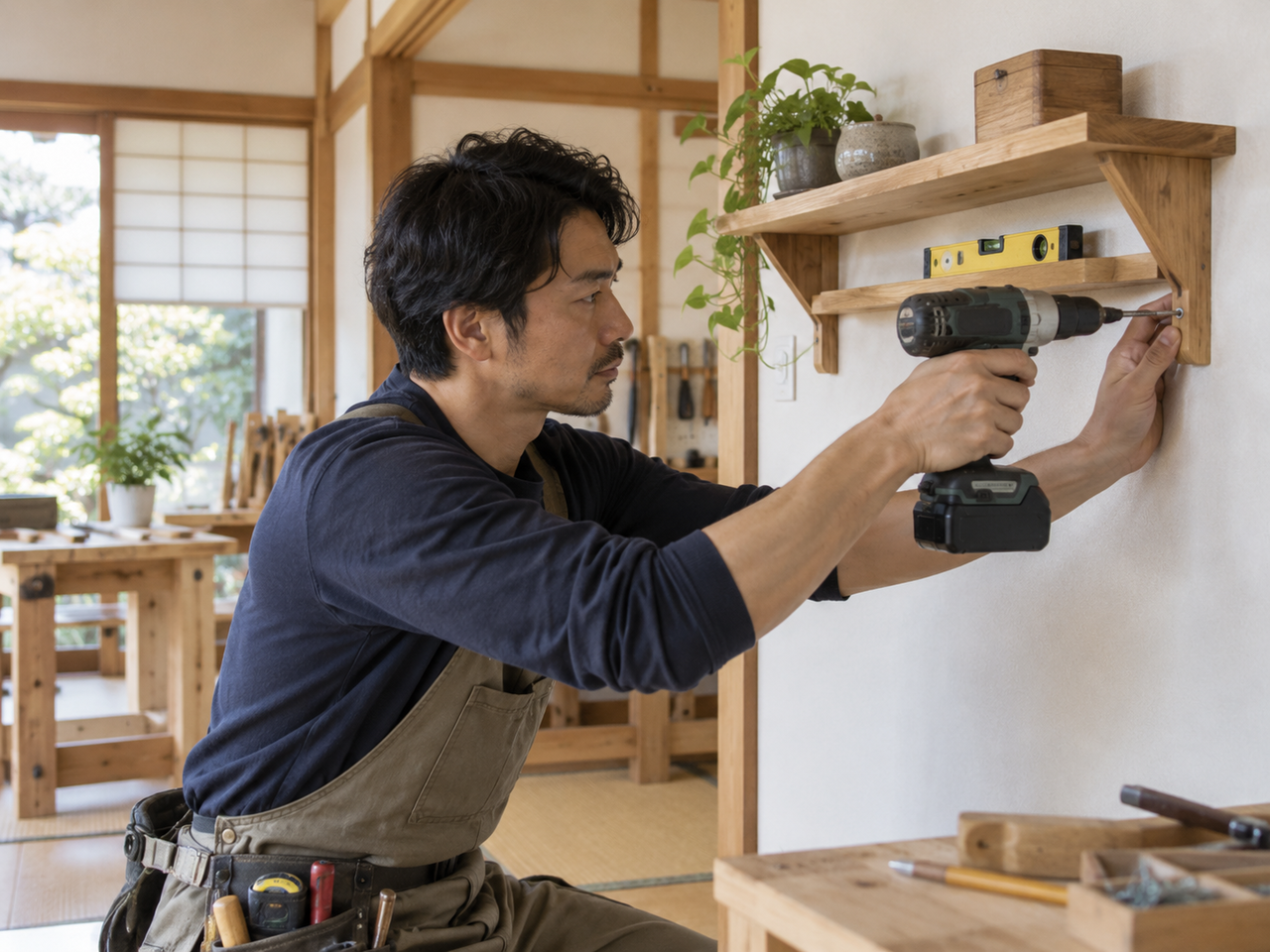 東大阪市の住宅で木製棚を製作・取り付けする作業