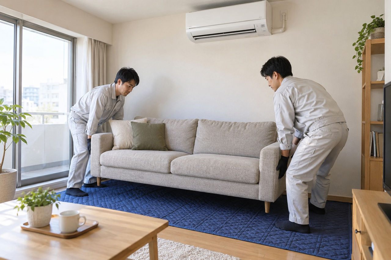 東大阪市でエアコン作業前に家具を安全に移動するスタッフ