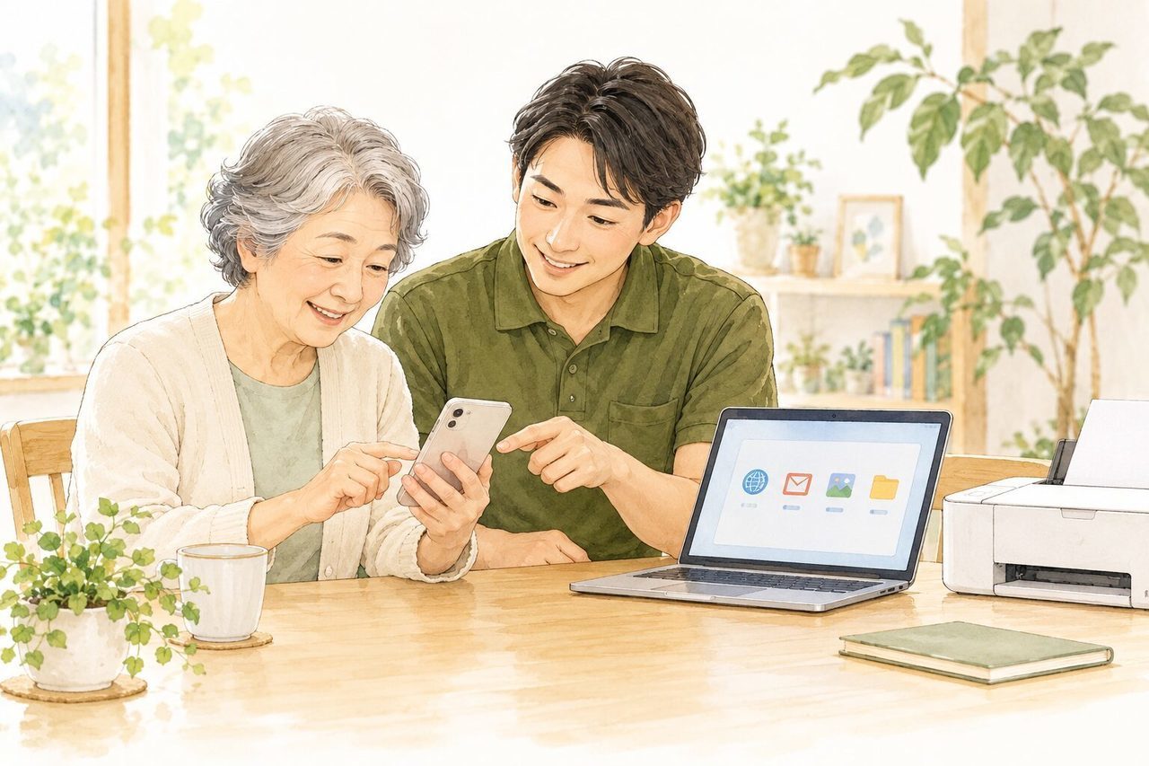 スマートフォンの操作を一緒に確認するお手伝いのイラスト